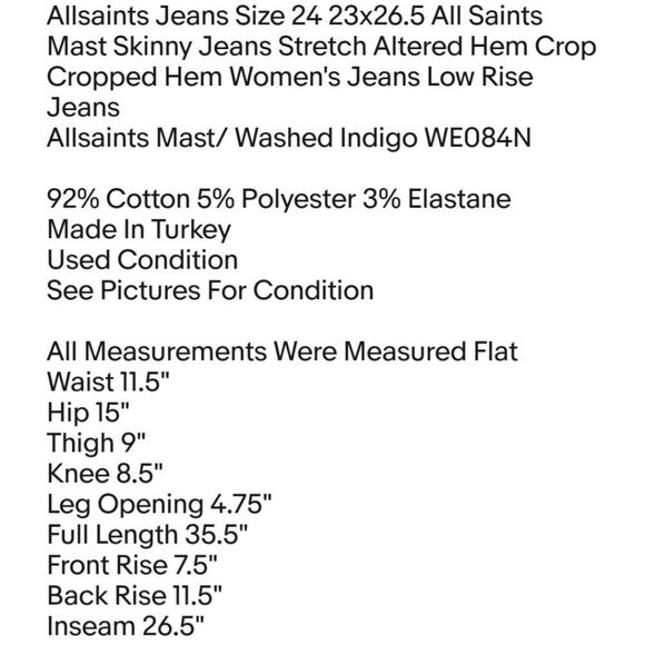 Allsaints Jeans Size 24 23x26.5 All Saints Mast Skinny Jeans Stretch Altered Hem - Picture 2 of 7